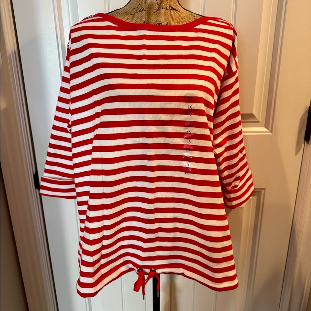 Anne Klein 1X Red and White Striped Womens Top. NWT